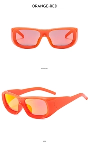 Detailed front and side view of orange-red square sunglasses with gradient lenses