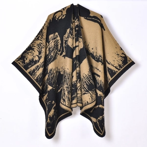 Chinese style women's knit shawl poncho in black and camel abstract pattern for outdoors