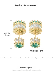 Detail view of emerald style drop earrings showing dimensions 2.5cm height and 1cm width