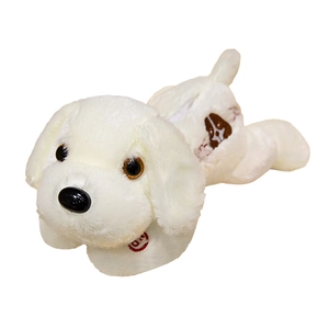 Lying white plush puppy toy with zipper back compartment shown on white background