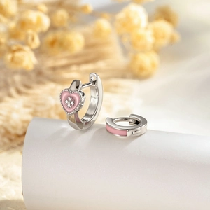 Pink Enamel Heart Hoop Earrings With Silver Earring Post Cross Pattern Sweet Jewelry For Women Girls