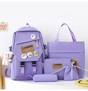 Detailed set of 5 purple nylon backpacks including tote, pouch, and bear pendant charm