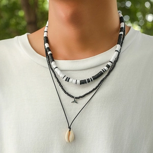 Men Bohemian Layered Necklaces Polymer Clay Heishi Beads Seed Beads With Shell Fishtail Pendants Beach Style Jewelry
