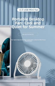 Close-up of a white USB desktop fan featuring two-speed adjustment and adjustable stand