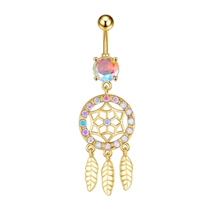 Detailed view of golden dreamcatcher belly ring with feathers and iridescent zircons