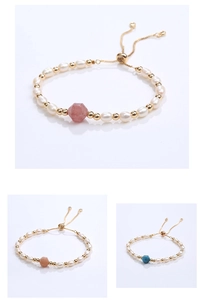 Detail of adjustable pearl bracelet with colorful gemstone and gold spacer beads