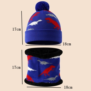 Detail of dinosaur jacquard knit beanie and fleece-lined neck warmer with size dimensions