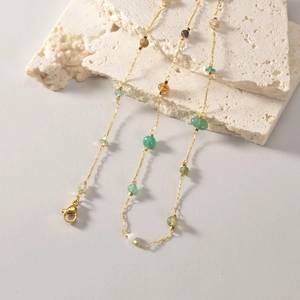 French vintage gold chain necklace with colorful gravel gemstones and boho chic pendant