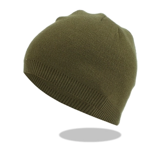 Detail of olive green winter knit beanie showing fine ribbing and elastic texture