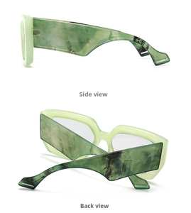 Detailed side and back view of marbled green square frame sunglasses for women