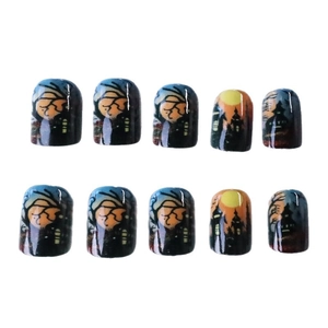 Short square Halloween press-on nails featuring spooky castle, forest and moon designs
