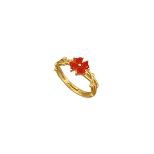 Bague trèfle doré ajustable avec anneau torsadé et motif fleur rouge élégante