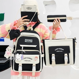 4-piece black and beige canvas school backpack set with tote, crossbody bag, and pouch