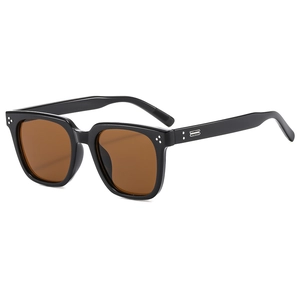 Retro square black sunglasses with brown lenses and silver rivet accents in 45-degree view