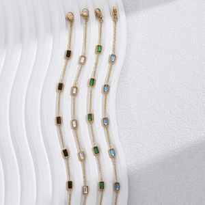 Gold-plated stainless steel chain bracelets with vibrant rectangular zircon stones