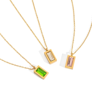 Golden necklaces with rectangular zircon pendants in green, white, and pink on white background