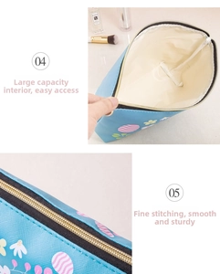 Macro detail of spacious interior and floral printed waterproof PU makeup bag