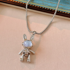 Silver astronaut rabbit necklace with moonstone pendant and box chain for women