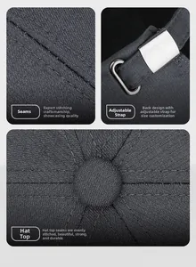 Detail view of adjustable back strap and stitching on gray twill baseball cap
