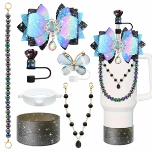 Kit accessori per borraccia sfumato blu-viola con catena di perle e decorazione fiocco