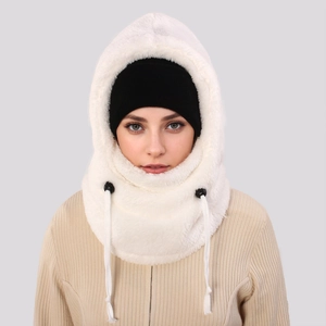 Detail of white plush balaclava hood featuring adjustable drawstrings and soft fleece texture