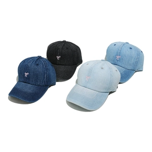 Denim baseball caps with pink bow embroidery in blue and black colors for women