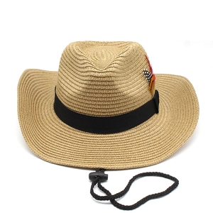 Classic western straw cowboy hat with 9cm wide brim, feather detail and windproof chin cord
