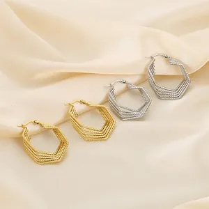 Hexagon Multi Layer Hoop Earrings Stainless Steel Twisted Rope Texture Geometric Vintage For Women