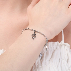 Vue macro détaillée d'un bracelet chaîne argentée avec plusieurs pendentifs serpent