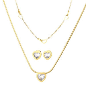 Golden double layer necklace and heart earrings set with sparkling crystal stones