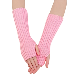 Detailed knit texture of pink long fingerless arm warmers with thumb hole design