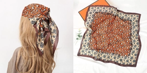 Detail of leopard and floral print square scarf shown as a stylish headscarf and flat lay