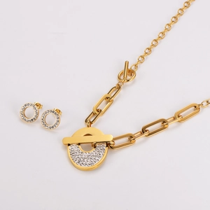 Detailed view of luxury gold 304 stainless steel chain necklace and crystal earrings set