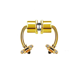 Detail of magnetic nose ring with golden bee charms and white crystal inlay detail