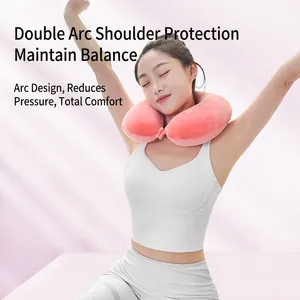 Pink memory foam U-shaped travel pillow with double arc ergonomic neck support design