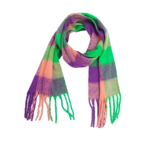 Vibrant rainbow plaid checkered scarf with fuzzy texture and thick fringe detail.