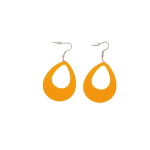 Close-up of bright orange teardrop acrylic earrings with metal hooks on white background