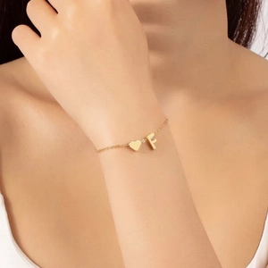 Elegant gold stainless steel heart initial F charm bracelet for women gift jewelry