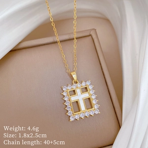 Detail of gold titanium square cross pendant with cubic zirconia and dimensions data
