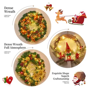 Christmas wreaths with pine cones, LED lights, ornaments and a snowman on white background