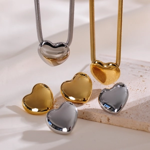 Puffy Heart Pendant Necklace And Stud Earrings Stainless Steel Polished Metal Snake Chain Fashion Jewelry For Women