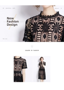 Detailed view of black hollow floral lace fabric with stand collar and waist belt