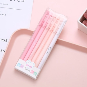 Set of 6 Morandi gradient pink pens with cute cartoon animals in a transparent gift box
