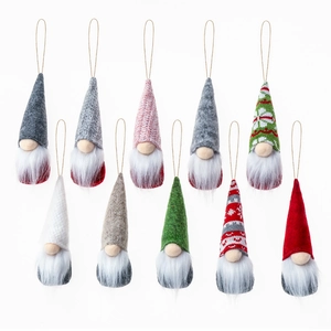 Set of 10 handmade Christmas gnome plush ornaments in assorted festive knit patterns
