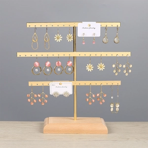 Earring Stud Jewelry Organizer Stand Holder Rack With Wooden Base Metal Frame Multi Tier For Home Boutique Display