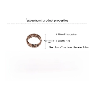 Detailed technical view of leopard print leather cuff with iron base and dimensions