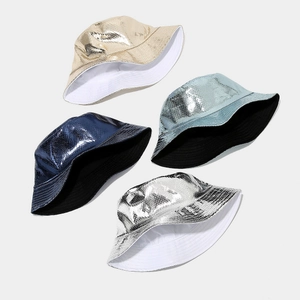 Metallic laser PU bucket hat with snake skin texture and reversible design for sun protection