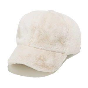 Detailed texture of plush faux rabbit fur on the cream white baseball cap crown
