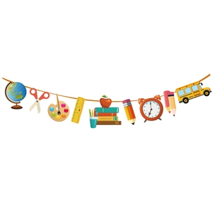 Colorful back to school party banner with cartoon school bus, books and art supplies