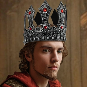 Luxurious vintage silver kings crown with red gemstones for cosplay costume